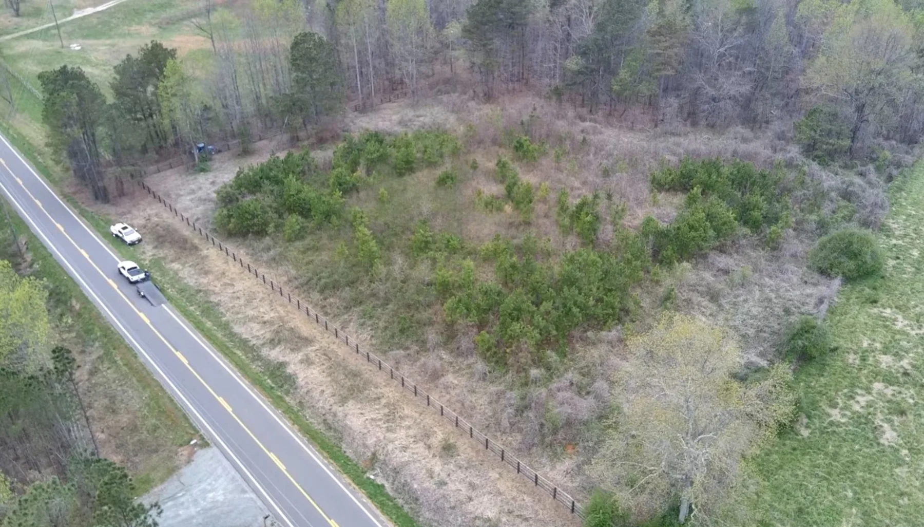 Aerial view of overgrown acreage before land clearing