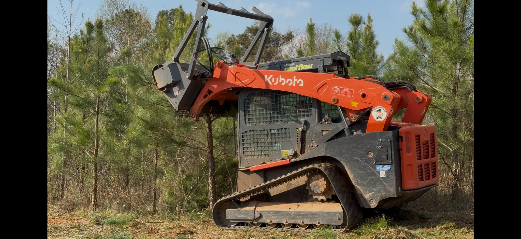 Kubota forestry mulcher working in young pines